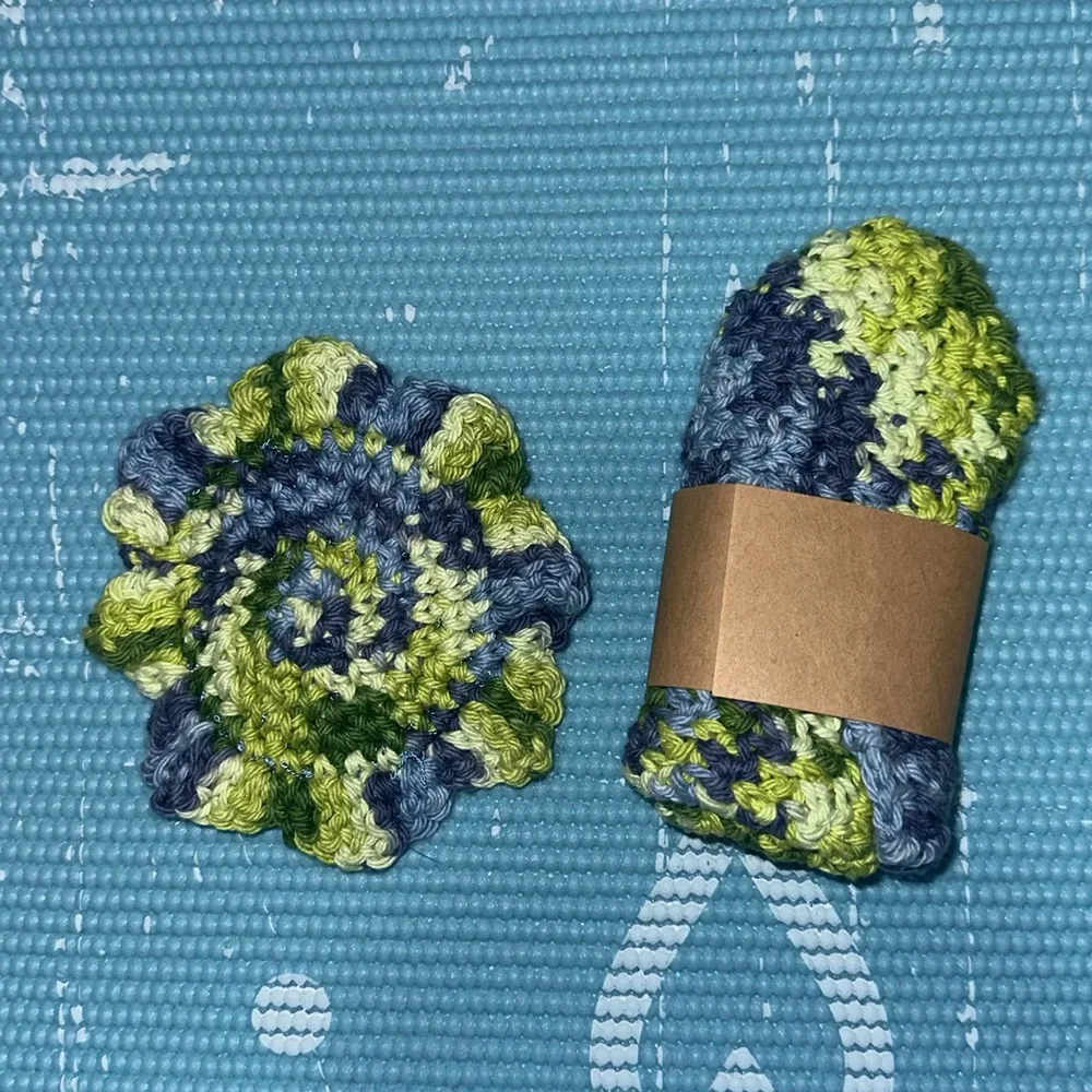 Dark Blue and Green Handmade Cotton Multi Use Washcloth Set